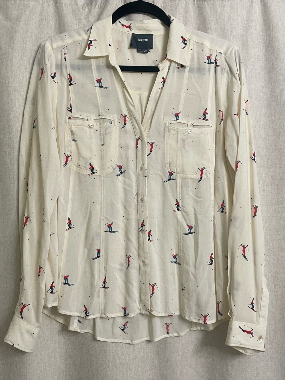 Maeve Anthropologie Skier Print Button Down Blouse Ivory Size 10